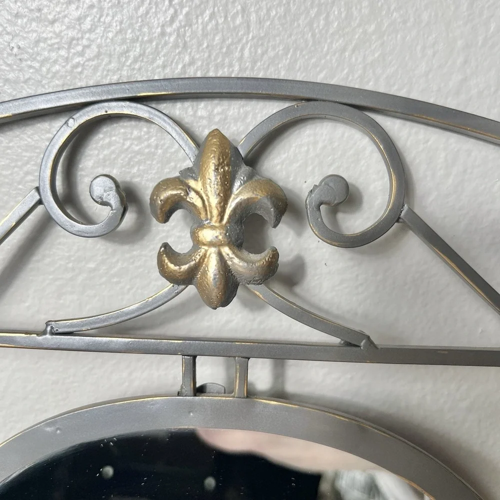 Vtg Iron Garden Triple‎ Frame Wall Mirror Fleur De Lis Metal Gray Gold 20x11